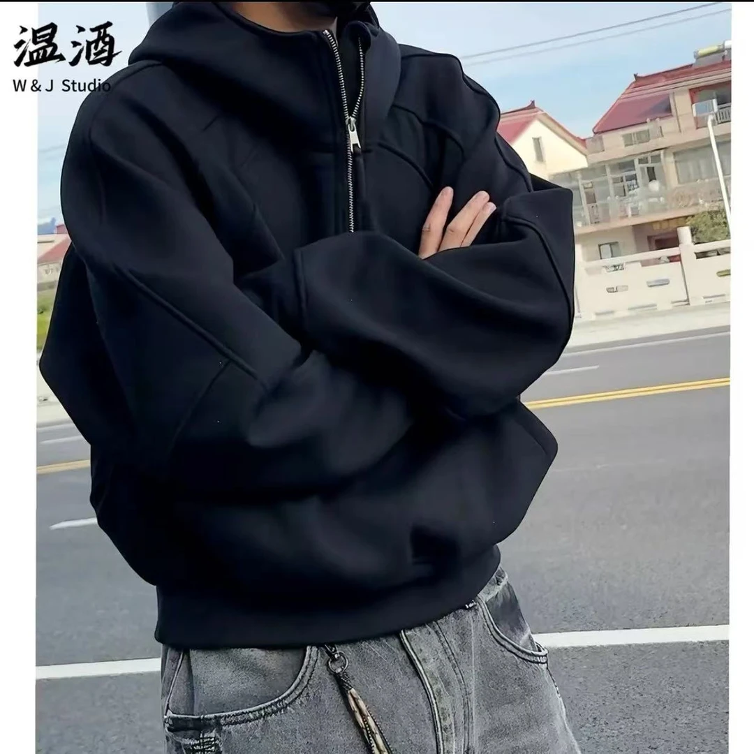 2024年秋冬新款时尚复古美式解构半套头短款拼接骑行卫衣帽衫男女