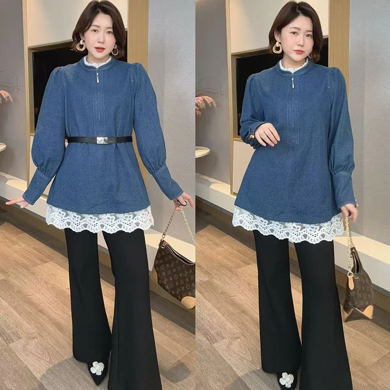 【DIS 定制】【Blue丝】韩系设计感牛仔拼接蕾丝高定衬衫Z525C18027