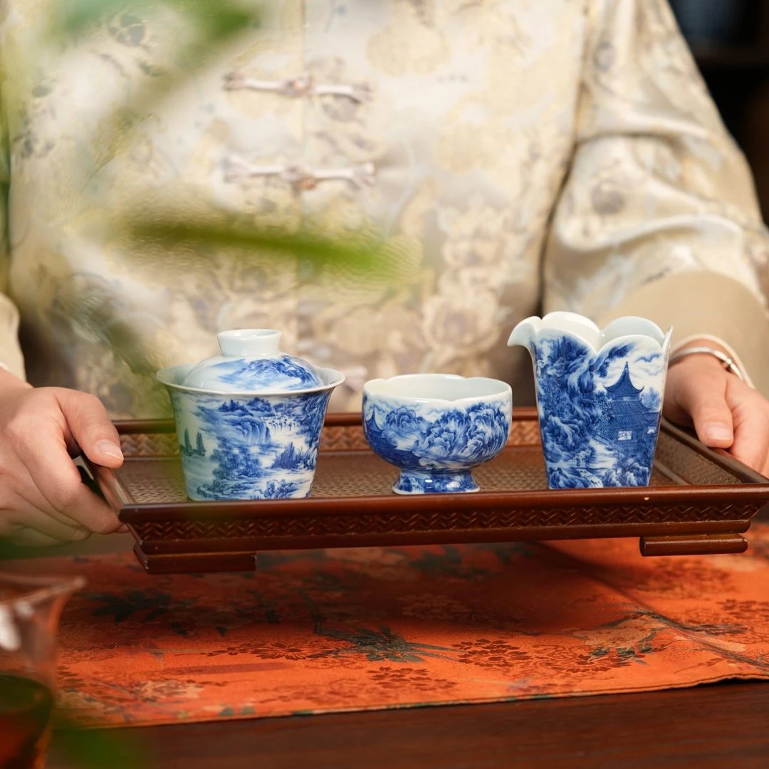 景琳藏春江花月夜青花山水茶器 景德镇全手工 釉下彩 手绘 主人杯