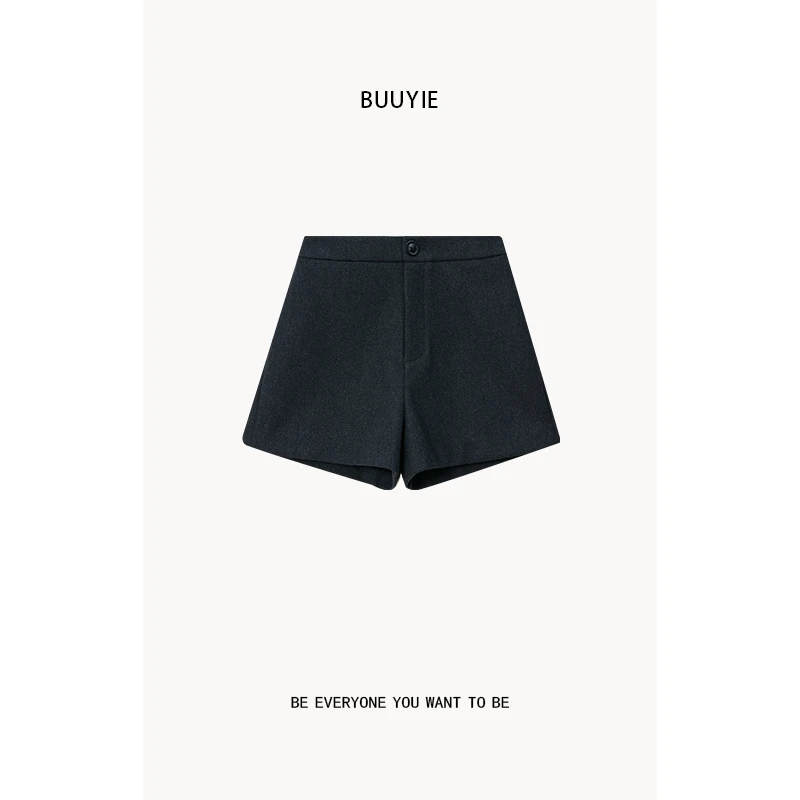 BUUYIE【墨序】羊毛高级感毛呢短裤女款宽松阔腿休闲裤251055