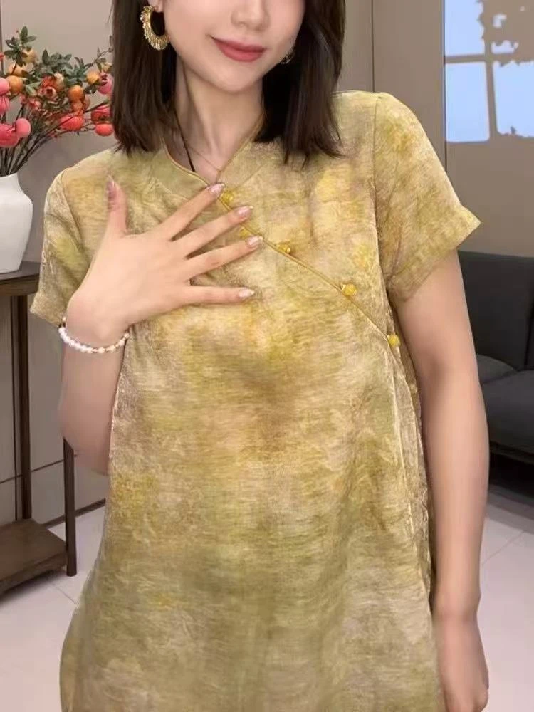 新中式黄色立领短袖衬衫女新款夏季高端国风时尚百搭减龄上衣2025