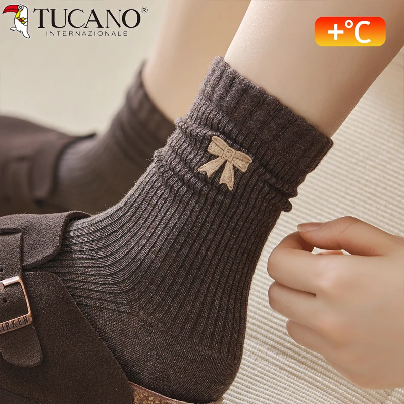 美拉德袜子女款秋冬中筒袜堆堆蝴蝶结刺绣羊毛长筒袜加厚保暖棉袜