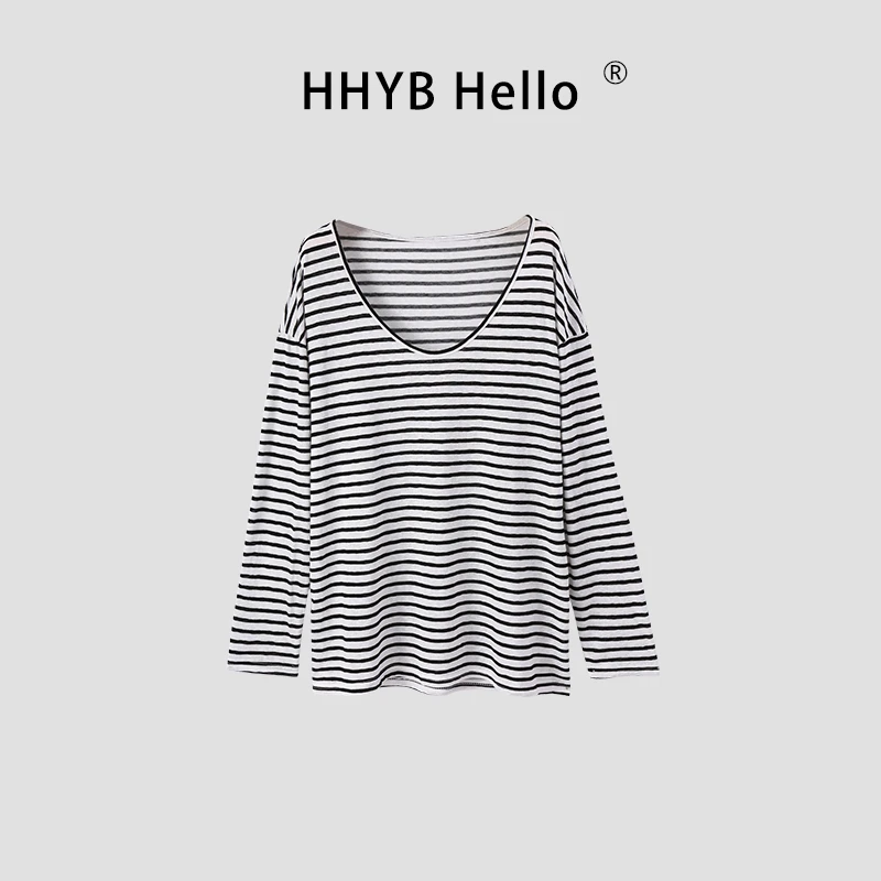 HHYB Hello不规则条纹长袖T恤2025新款百搭宽松显瘦打底衫250302