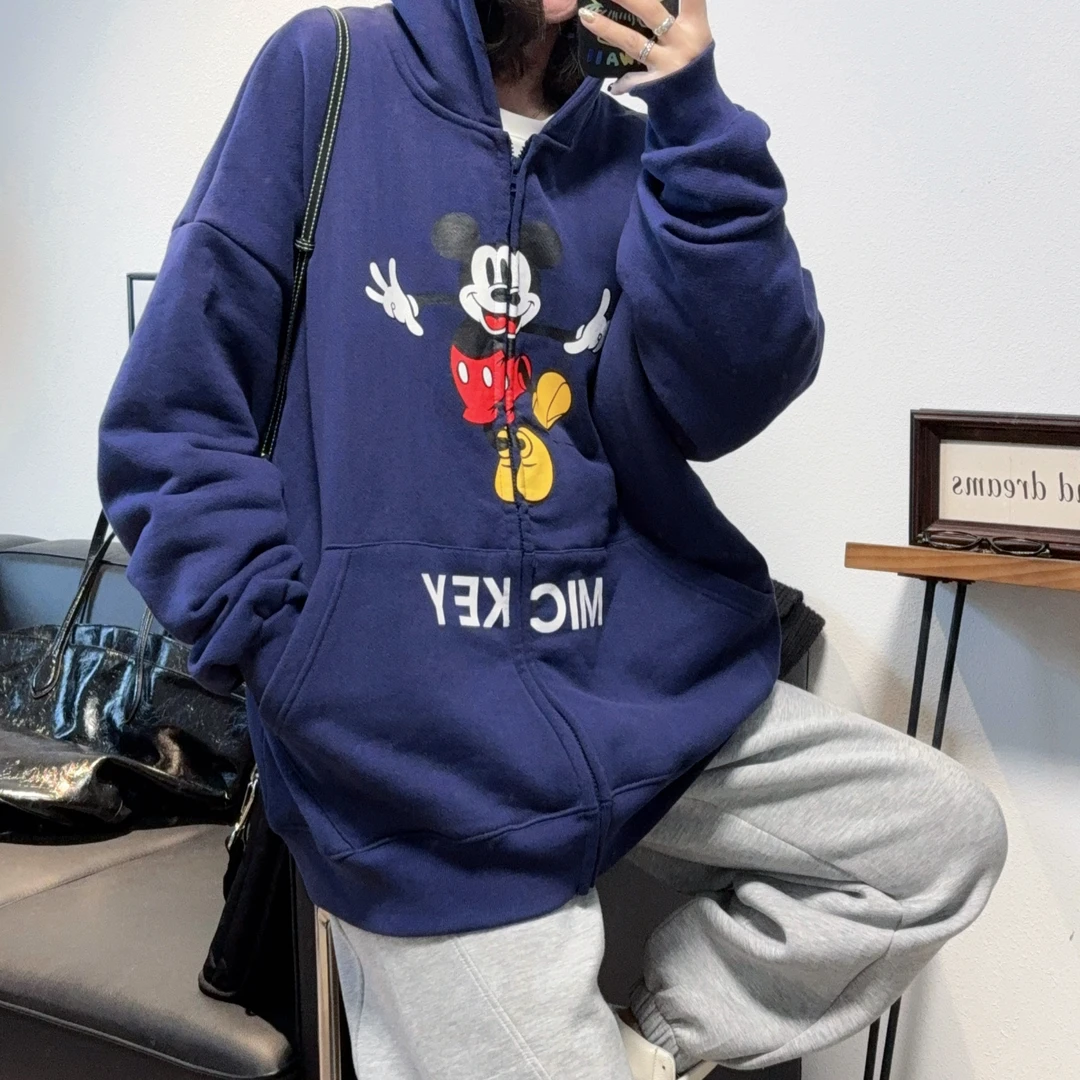2025新款超好看藏青色米奇连帽卫衣外套女宽松显瘦减龄宽松上衣