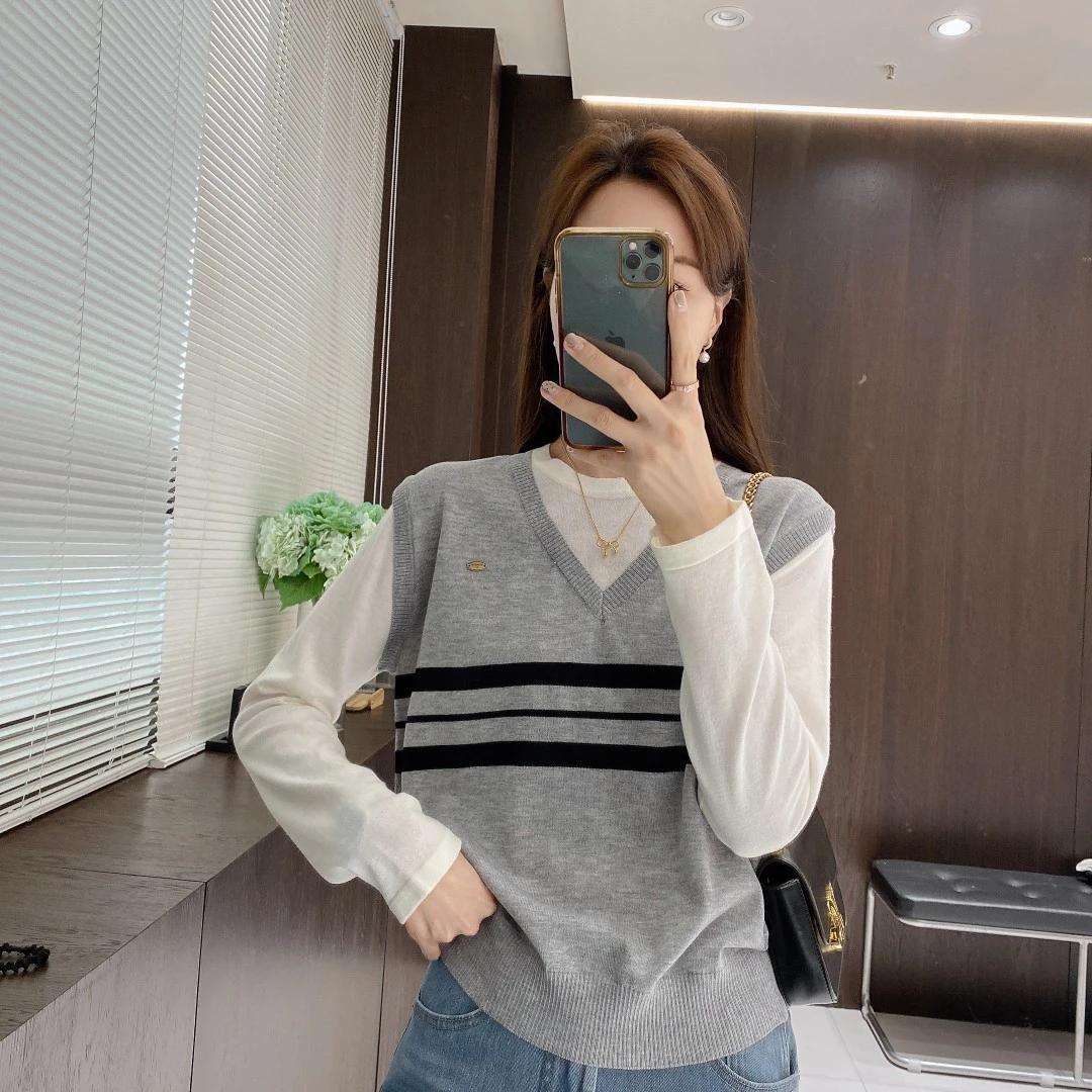 IMFLY金小金自制女装 假两件针织衫DYW8681早春季宽松条纹打底衫