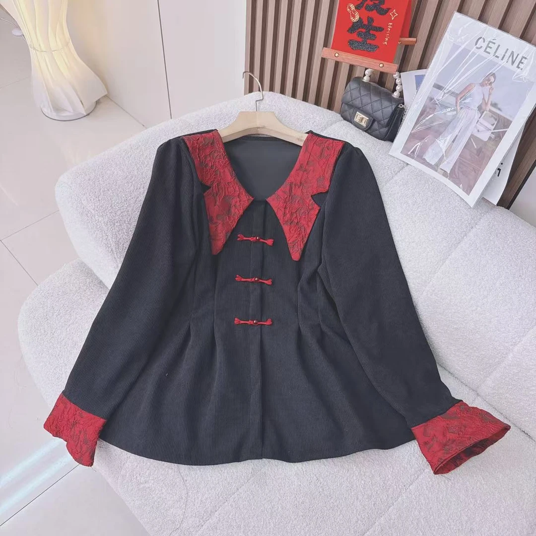 新中式拼色2024娃娃衬衫设计复古气质宽松显瘦百搭长袖上衣