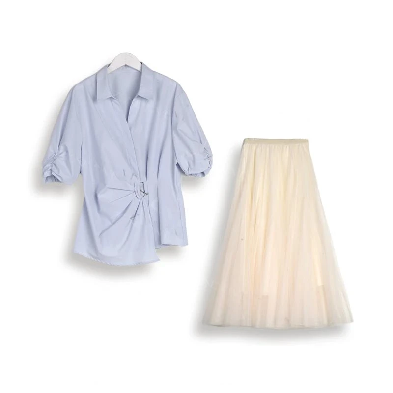 2025夏季爆款设计感不规则V领长袖衬衫百搭网纱半身裙女时尚套装