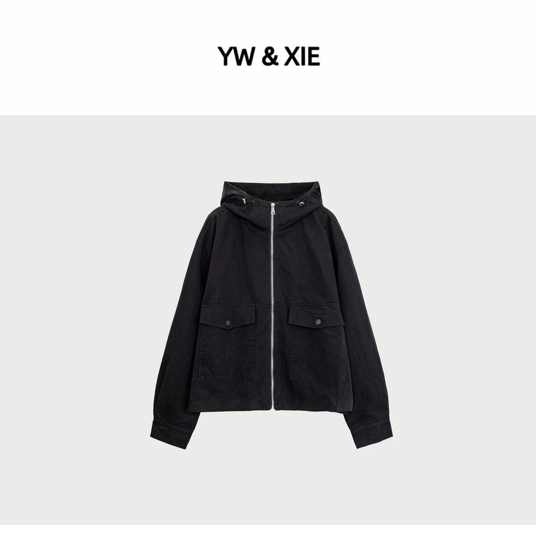 YW&XIE《艾格》韩系工装夹克外套女<7296>潮款长袖连帽双兜短外衣