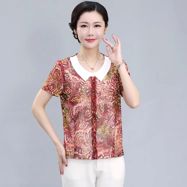洋气夏季中老年女装弹力台湾网纱短袖修身时尚上衣T恤小衫