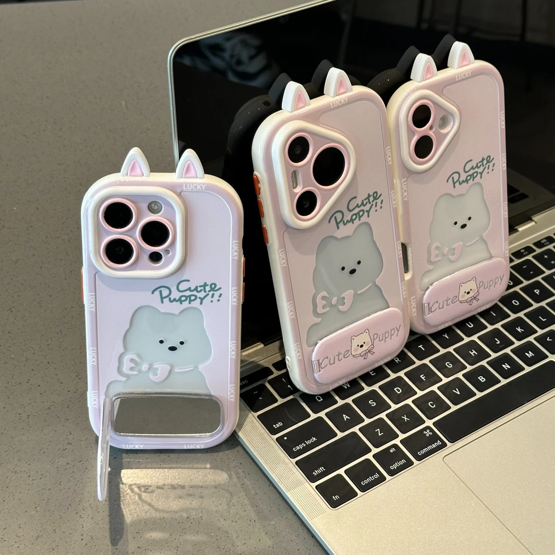 立体耳朵西高地适用苹果16pro奶油手机壳华为vivo小米15oppo支架