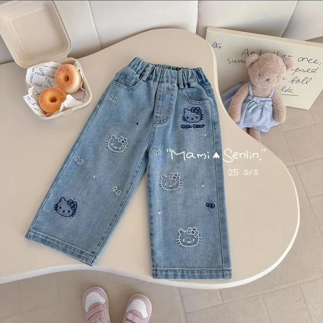 韩系女童开春百搭长裤2025新款女宝宝休闲可爱刺绣KT猫牛仔直筒裤