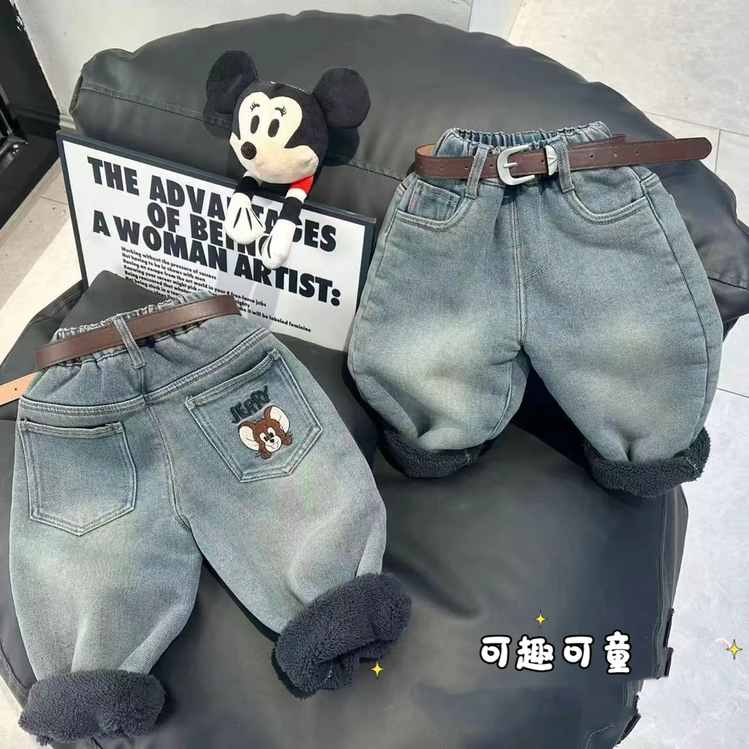 男女童弹力加绒牛仔裤2025冬季羊羔绒儿童冬装保暖加厚一体绒裤子