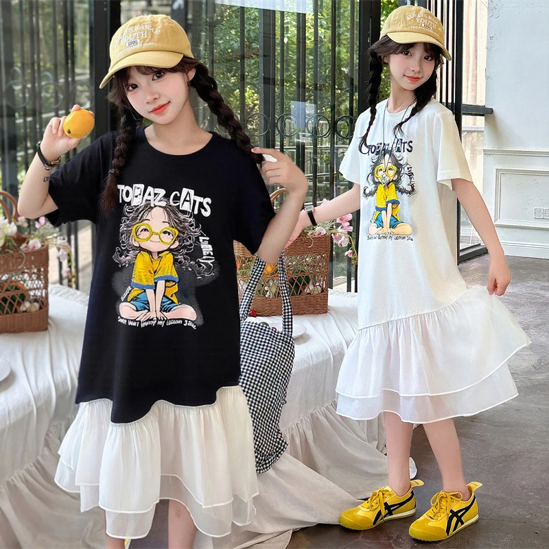 童装女童夏季新款洋气宽松斜角连衣裙6-12岁15中大童小女孩连衣裙