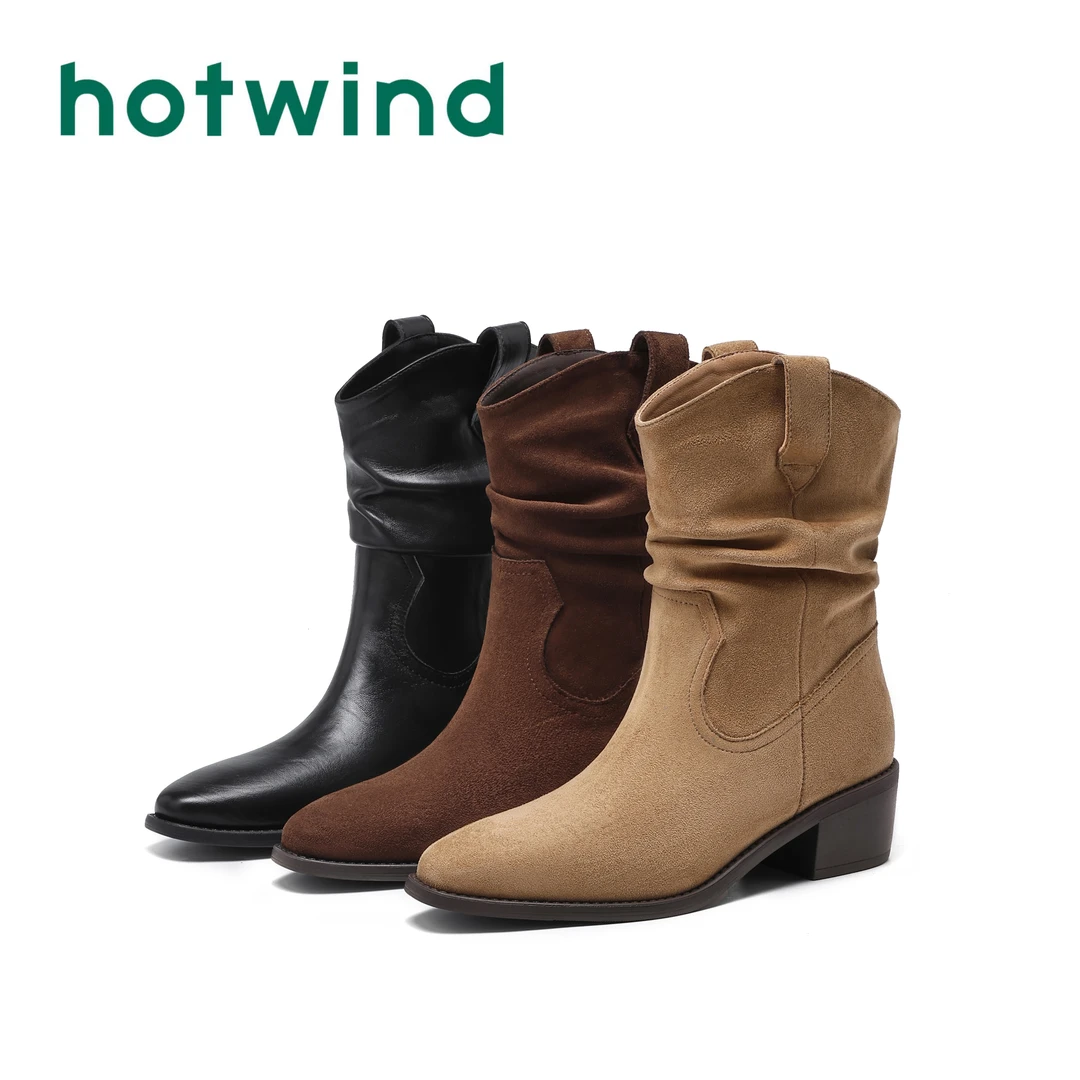 Hotwind热风 褶皱堆堆靴2025秋冬新款休闲百搭粗跟时尚显瘦短筒靴