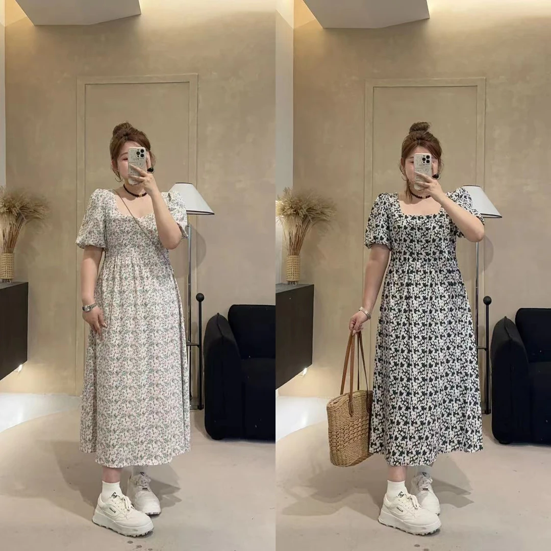 晶咕【意式华尔兹】大方领泡泡袖碎花连衣裙显瘦气质时尚夏季