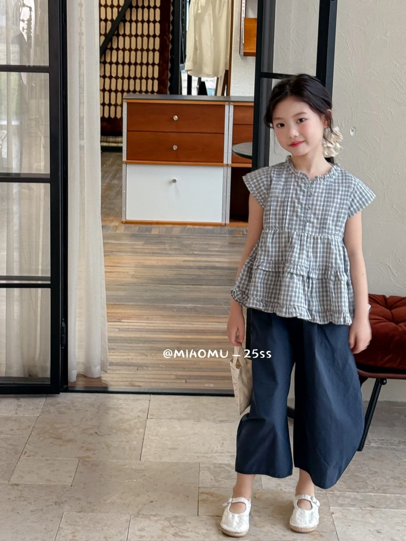 女童夏季甜美格子娃娃衫带花边领有层次感小飞袖棉麻韩系套装