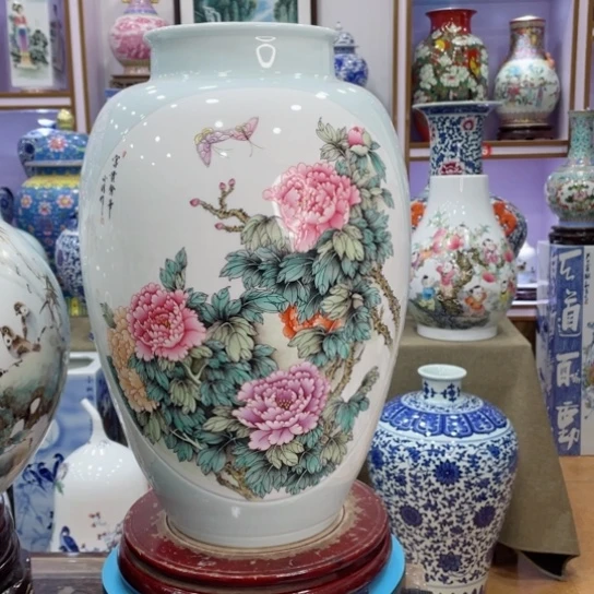 花瓶全手工粉彩双面画花鸟冬瓜瓶