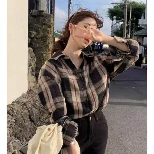 双层棉纱格子衬衫！2025早秋慵懒宽松显瘦防晒衬衣薄外套女