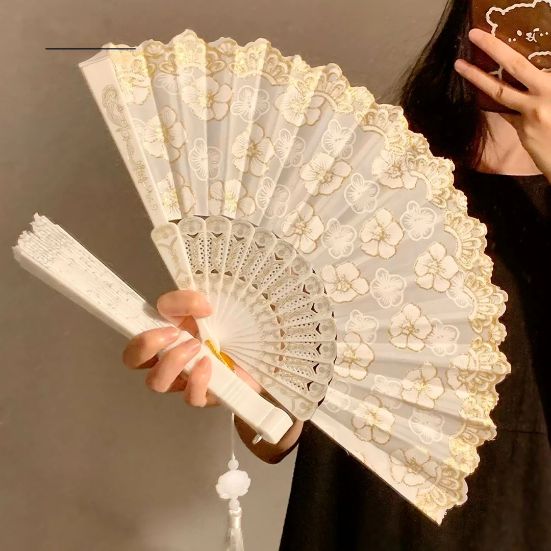 古风折扇夏天女中国风汉服旗袍蕾丝舞蹈扇子随身便携流苏折叠扇子