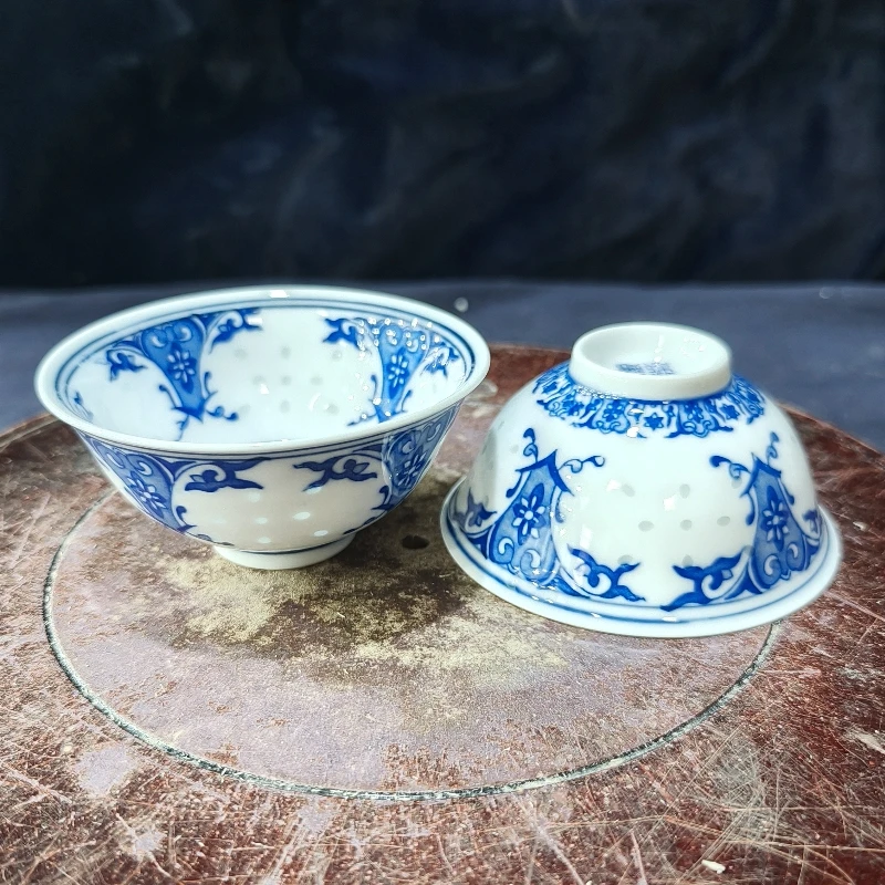 【到手2只】景德镇青花玲珑茶碗100ml蝶恋花光明瓷厂釉下彩陶瓷茶杯