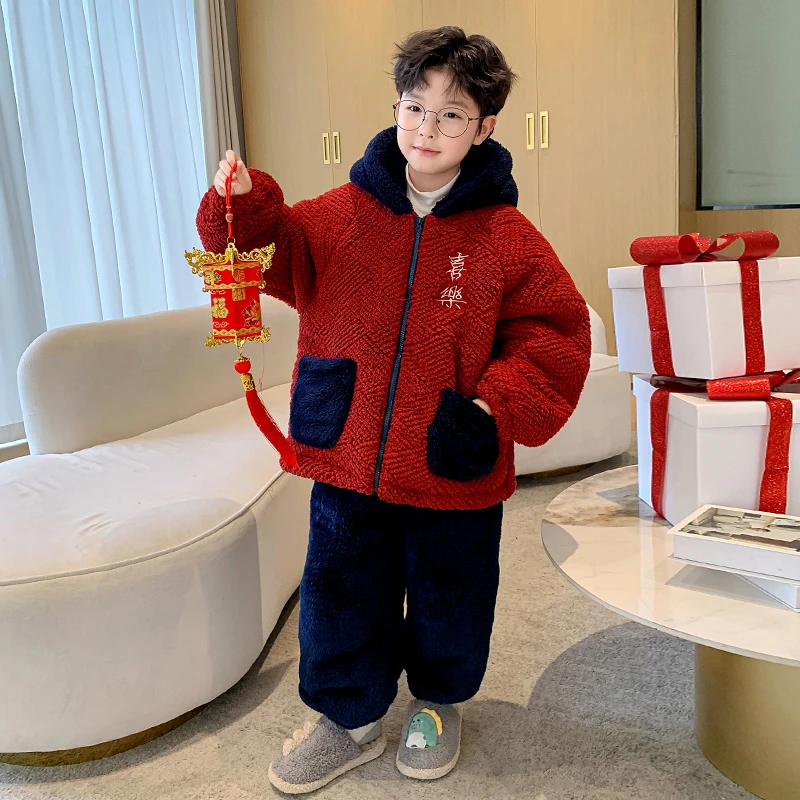 男童睡衣秋冬季加绒加厚2025新款中大儿童保暖男孩红色家居服套装