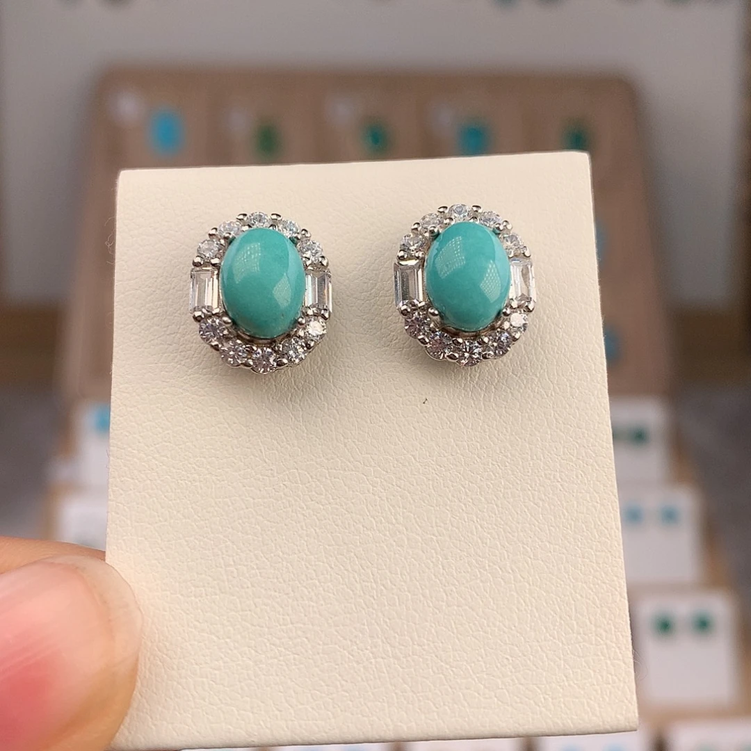 鳄***酱绿松石银S925镶嵌耳饰