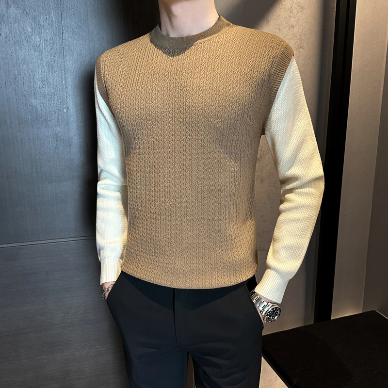 高级感拼接圆领毛衣男2025秋冬季新款潮流痞帅休闲内搭针织打底衫