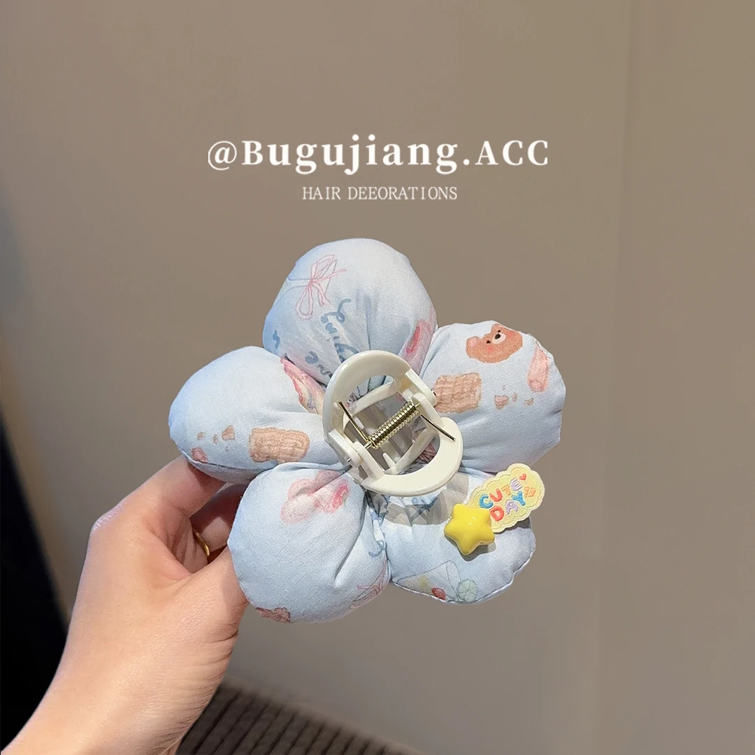 布谷酱韩国设计师款蓝印花立体花朵抓夹小众鲨鱼夹春夏个性抓发夹