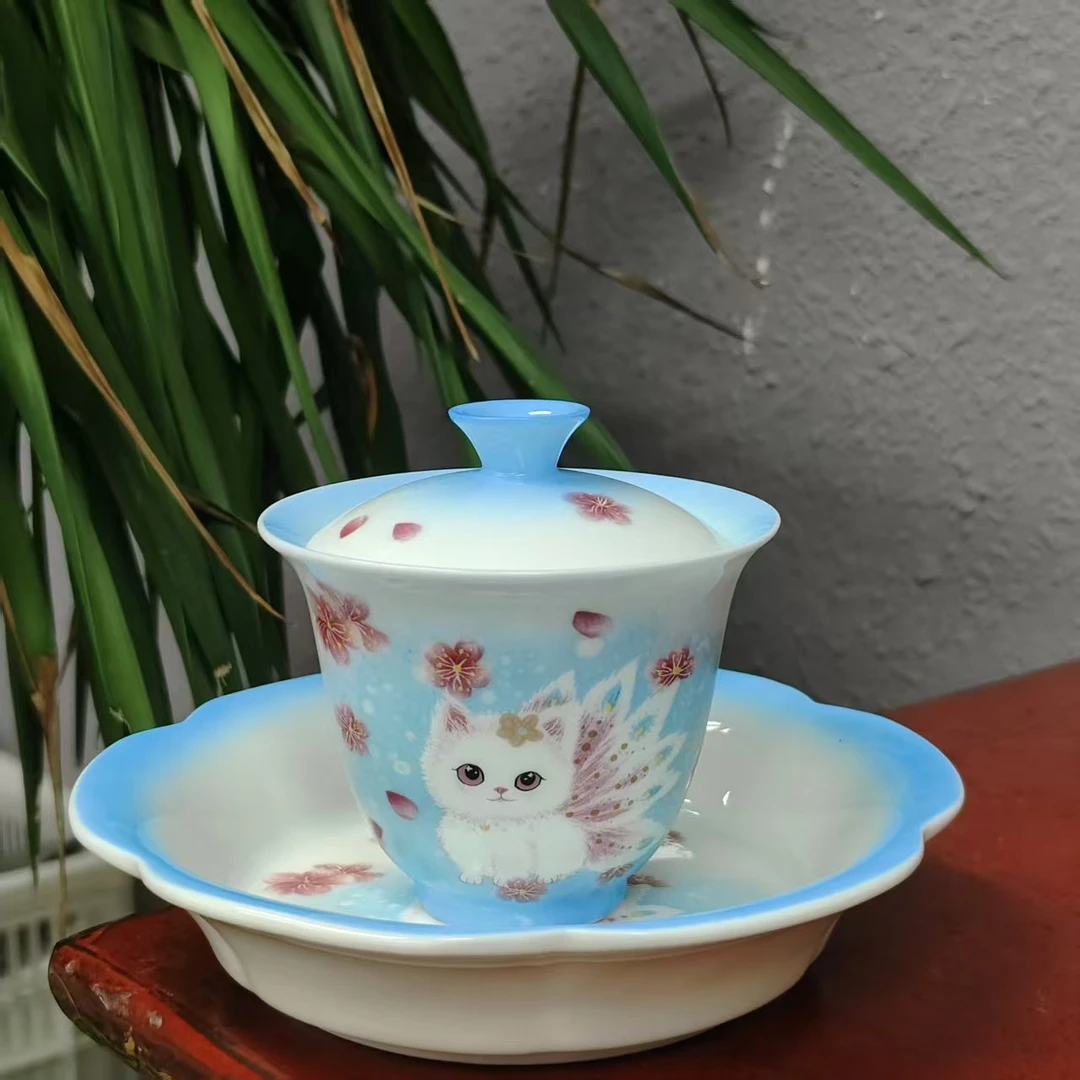 花纸九尾狐三才盖碗DD0060