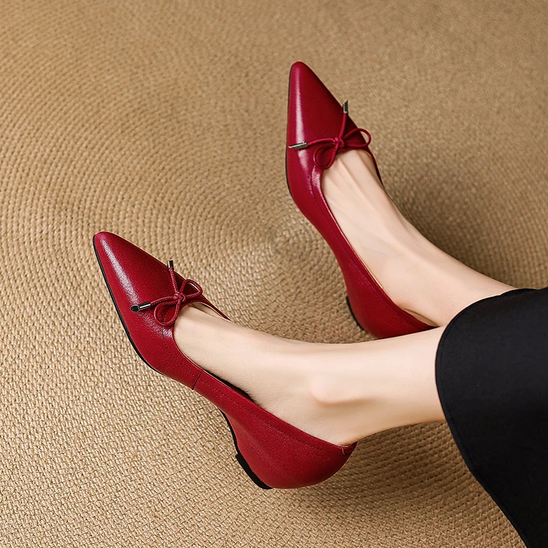 法式尖头真皮单鞋低跟新款百搭软底红色鞋子中跟内增高平底皮鞋