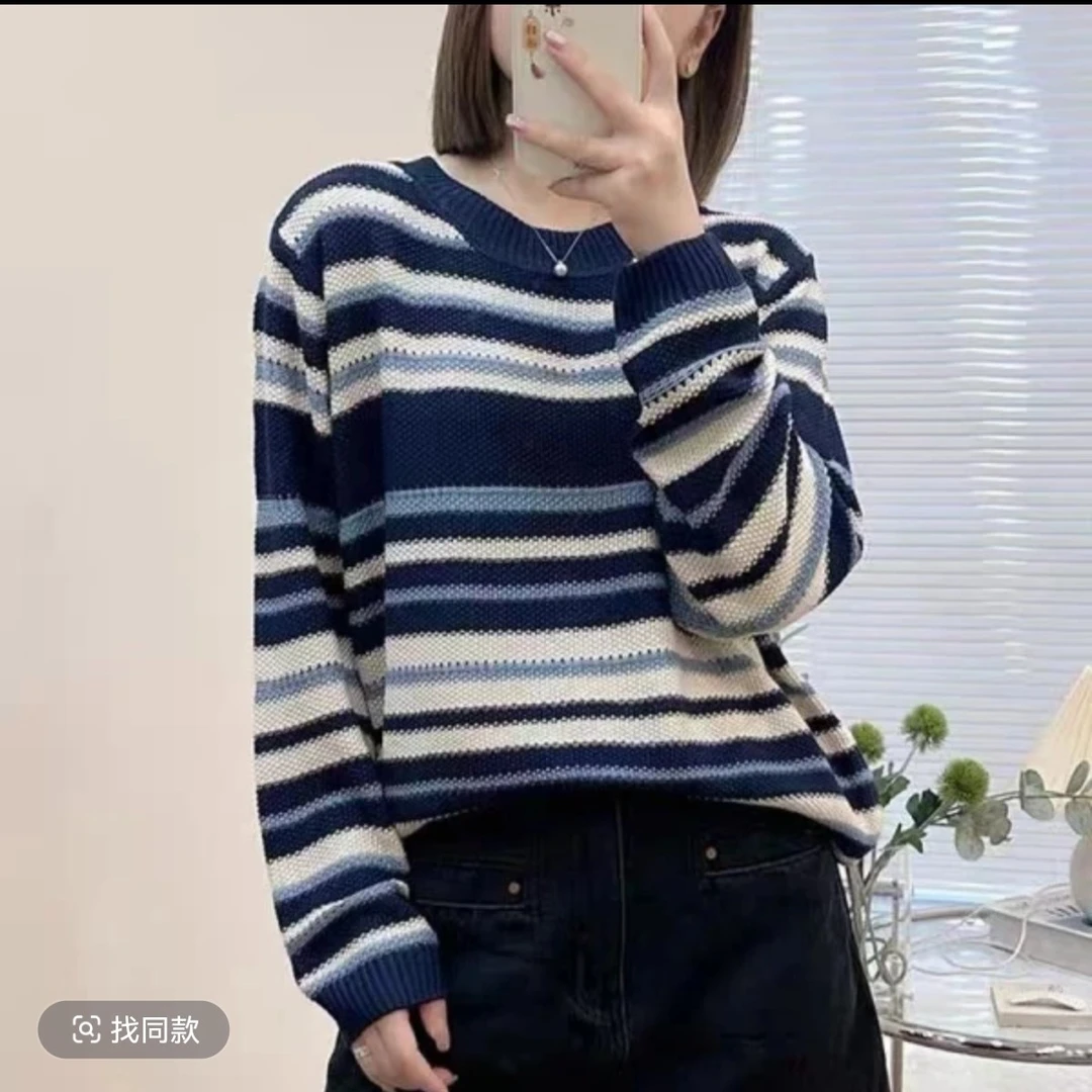 蓝色圆领条纹针织衫女2025春季新款韩版宽松减龄时尚百搭上衣