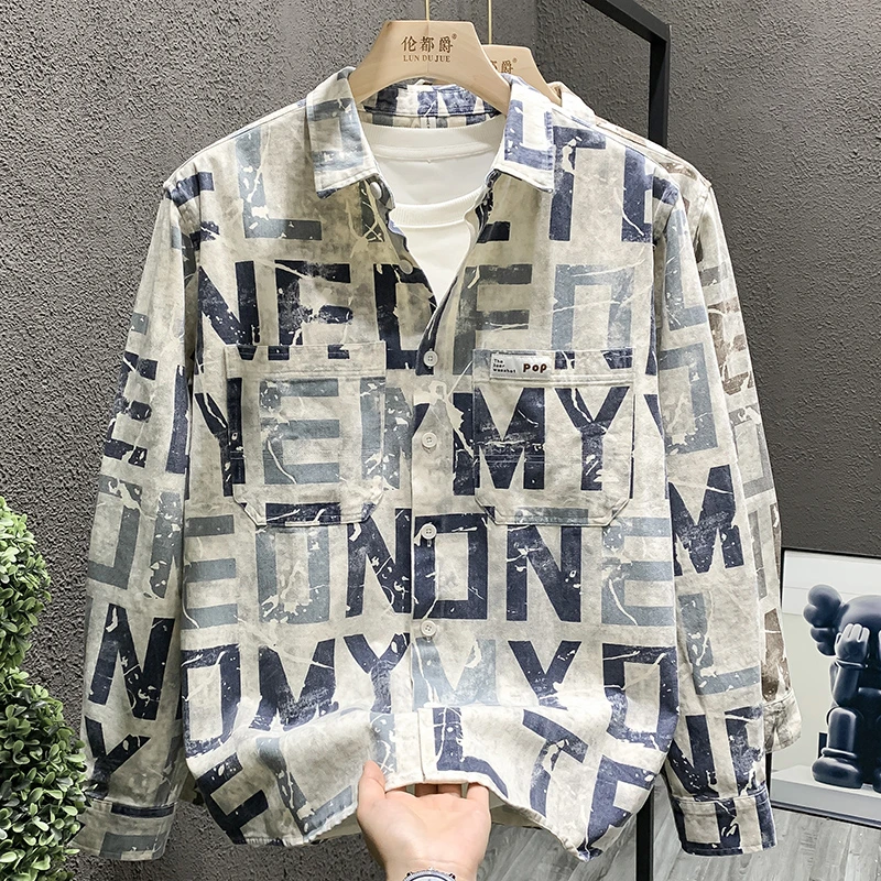 轻奢潮牌日系春季纯棉男装长袖衬衫韩版时尚高端字母印花痞帅衬衣