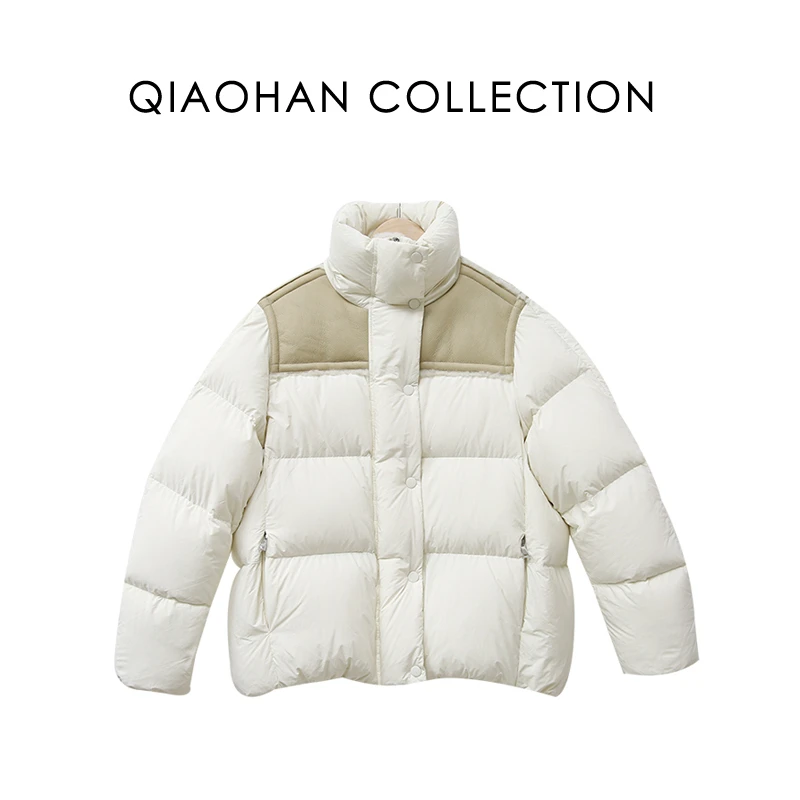 【俏韩—天冷必入】设计师拼接立领白鹅绒加厚潮流百搭保暖羽绒服