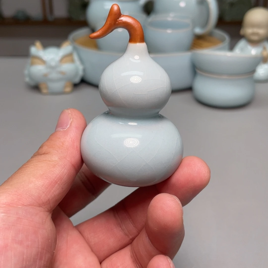 瓷天青色小葫芦摆件茶宠