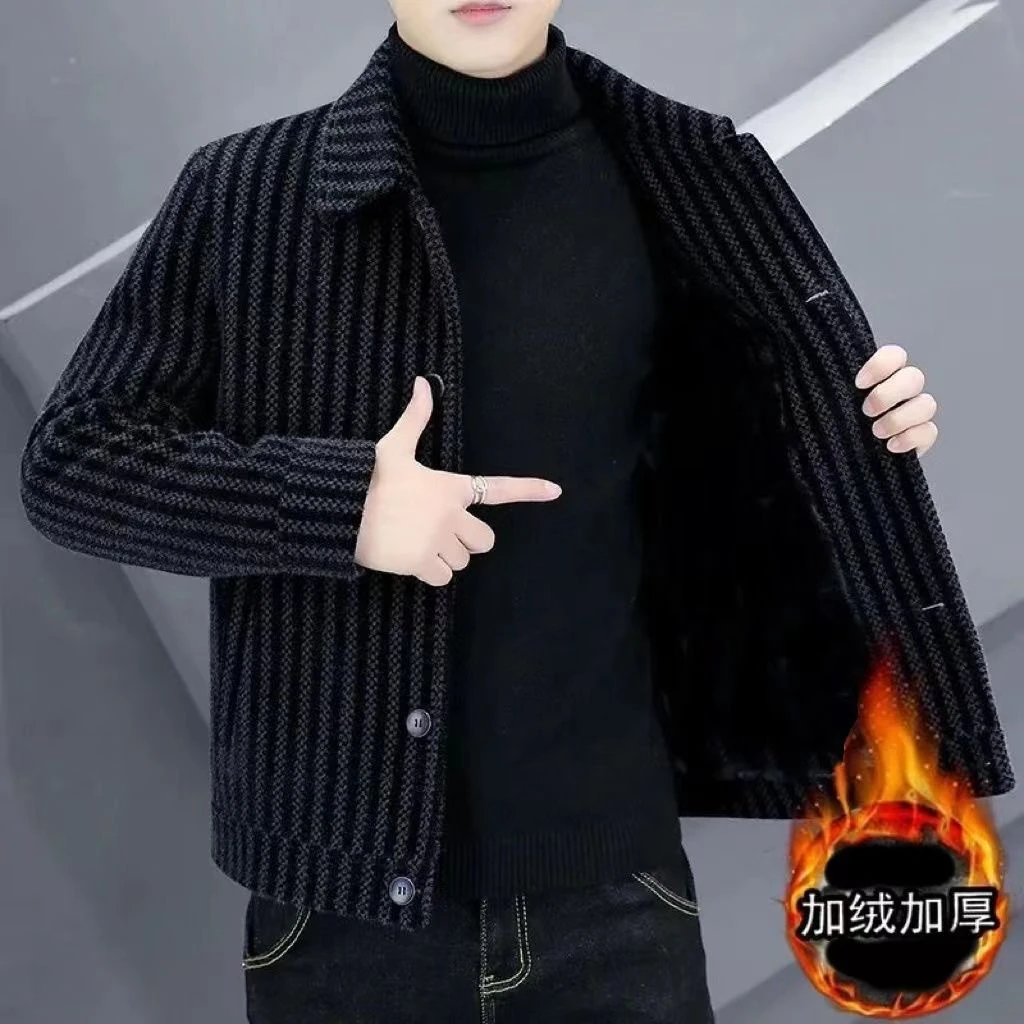 翻领夹克条纹加绒新款毛呢大衣休闲秋冬季高档百搭外套厚男士保暖