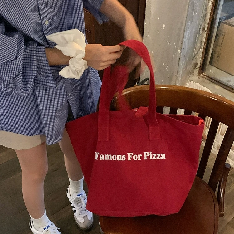 夏日通勤利器！韩版ins红色单肩字母印花帆布包托特手提休闲女包