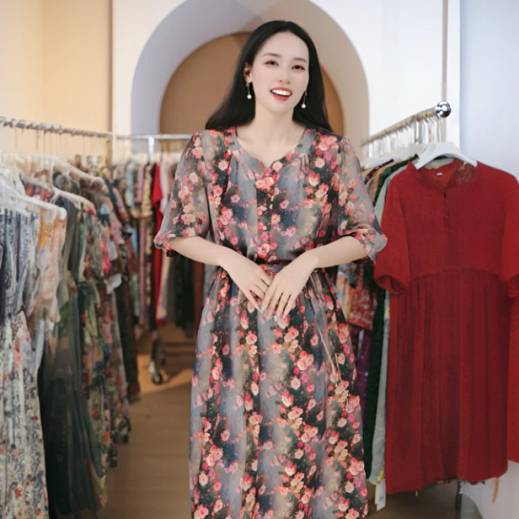 10448-妈妈装新款夏季收腰遮肉显瘦洋气时尚中长款连衣裙【G仓】