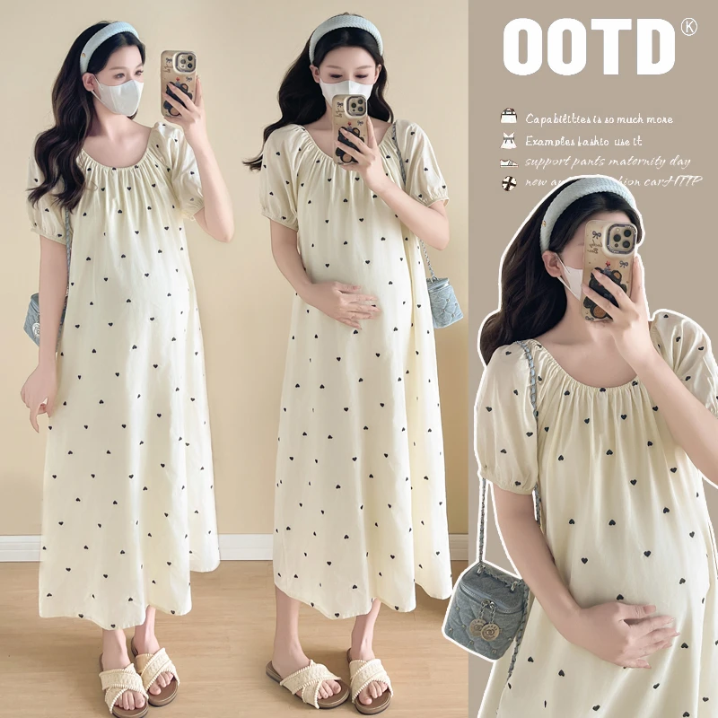孕妇夏装2025夏季法式爱心宽松大码减龄显瘦气质时尚孕妇连衣裙子