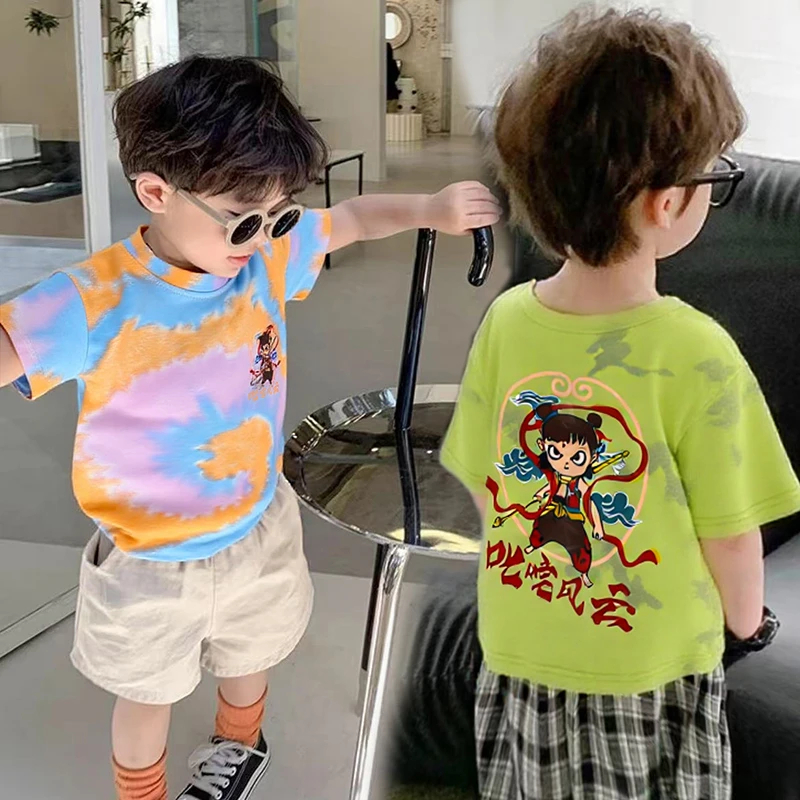 宇城童心坊儿童男童纯棉短袖夏季吸汗T恤上衣薄款宽童装扎染哪吒