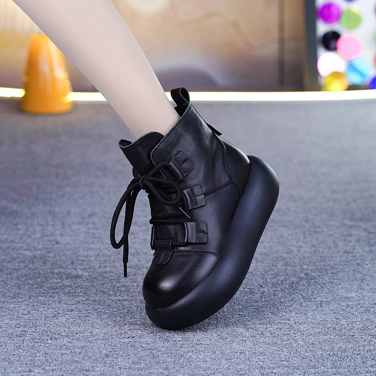 真皮加绒厚底马丁靴女冬季新款头层牛皮复古松糕底保暖马丁靴棉靴
