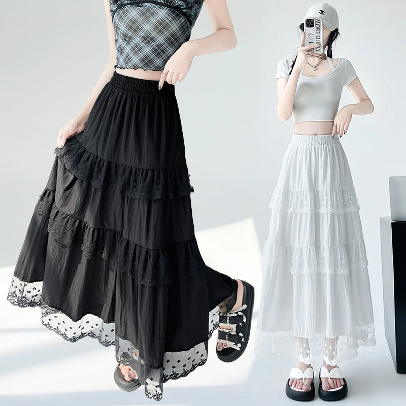 白色蕾丝半身裙2025年春夏不规则长裙松紧腰休闲大摆蛋糕裙显瘦