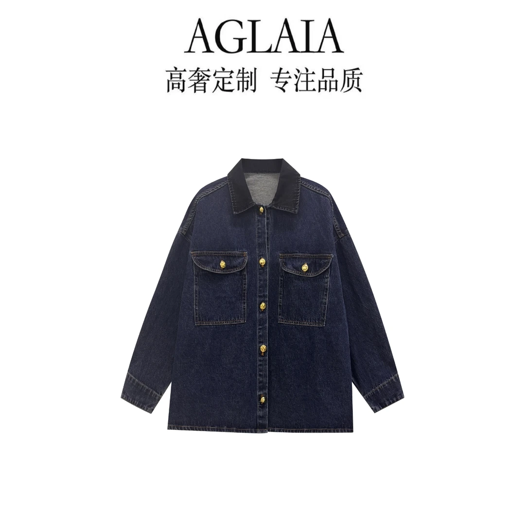 AGLAIA~秋季新款小众设计感宽松百搭撞色翻领长袖牛仔外套6287