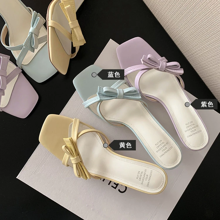 其他拖鞋2025年夏季休闲细跟蝴蝶结纯色