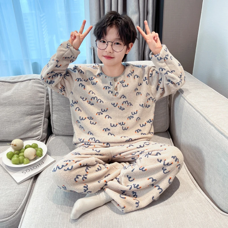 儿童装男童睡衣秋冬款冬季加绒珊瑚绒法兰绒加厚家居服中大童男孩