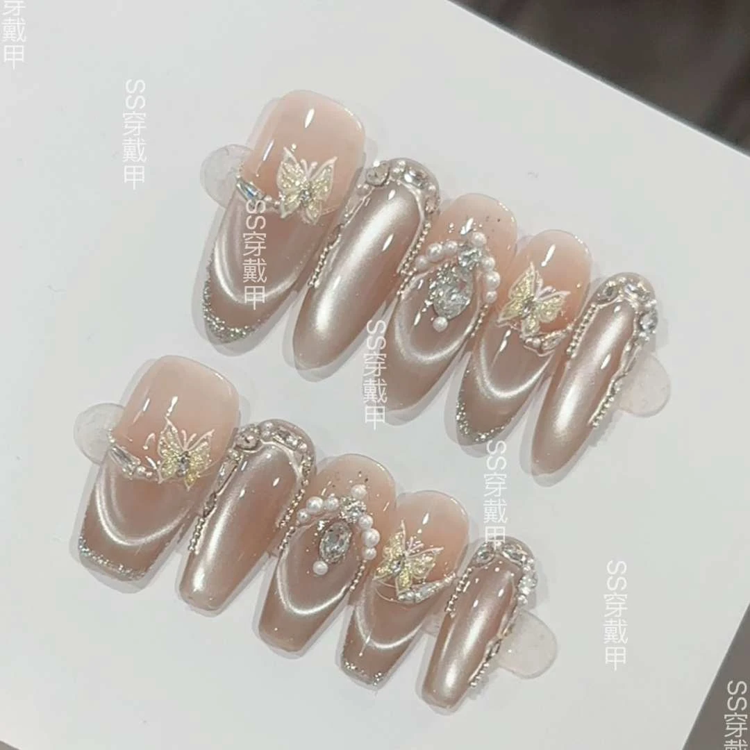 【波光灵蝶】手工猫眼穿戴甲美甲贴片可拆卸指甲贴片10片装