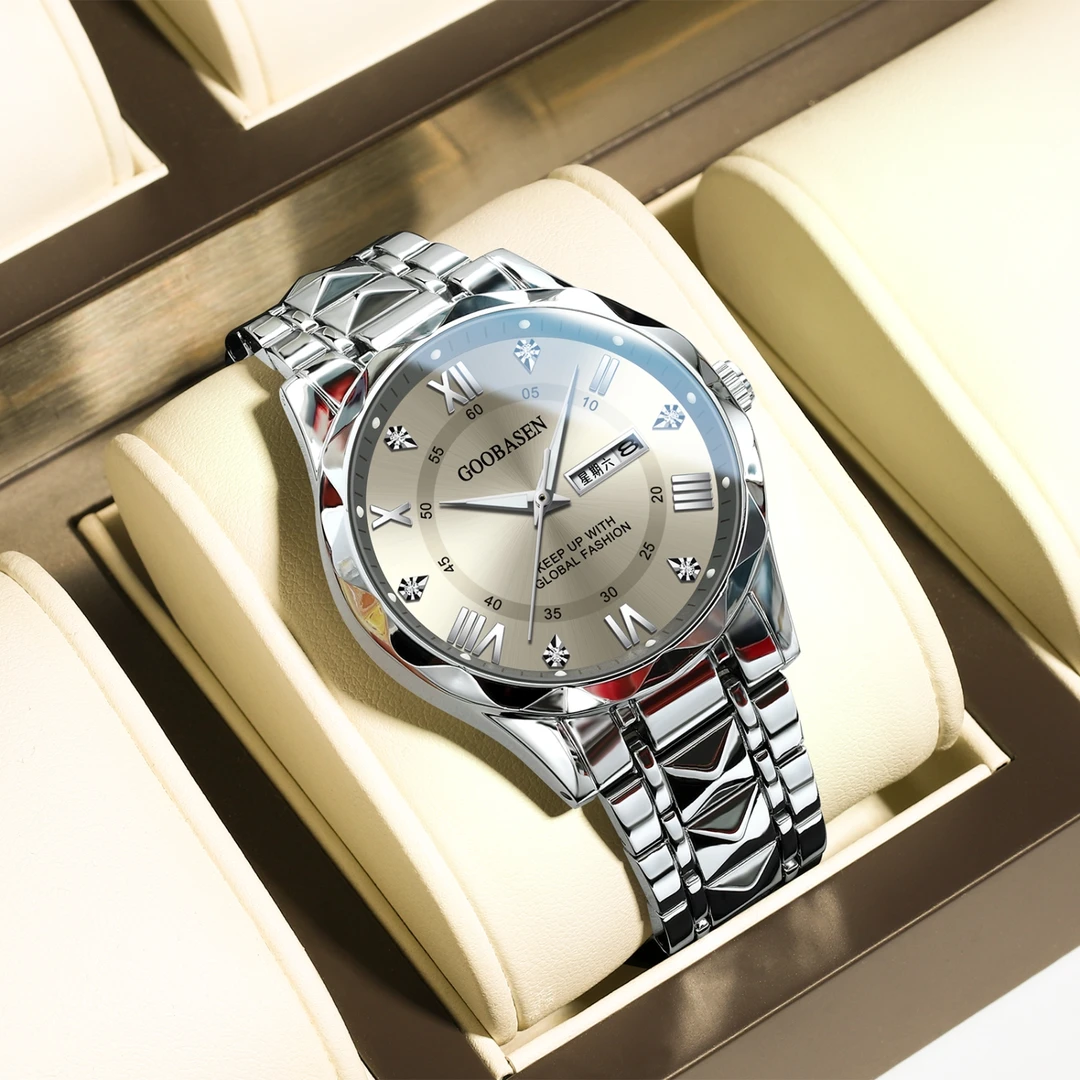 男士镶钻高级商务防水夜光双日历钢带机械手表全自动百搭时尚颜值