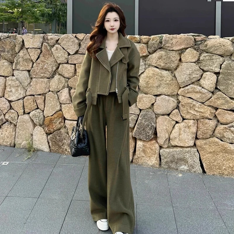 时尚套装女2025冬季新款洋气显瘦宽松毛呢夹棉短外套阔腿裤两件套