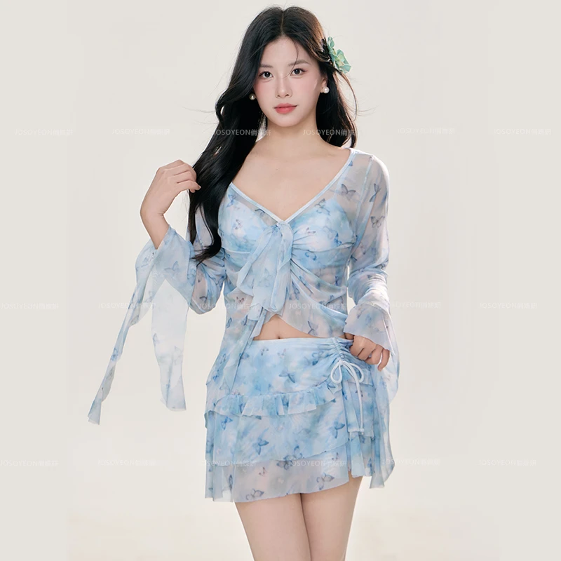 分体泳衣女新款辣妹超仙长袖罩衫比基尼四件套裙式温泉游泳装显瘦