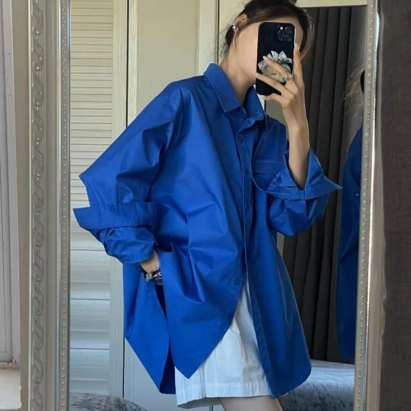 春夏新款克莱因蓝衬衣+白色短裤夏季宽松休闲高级感两件套装女