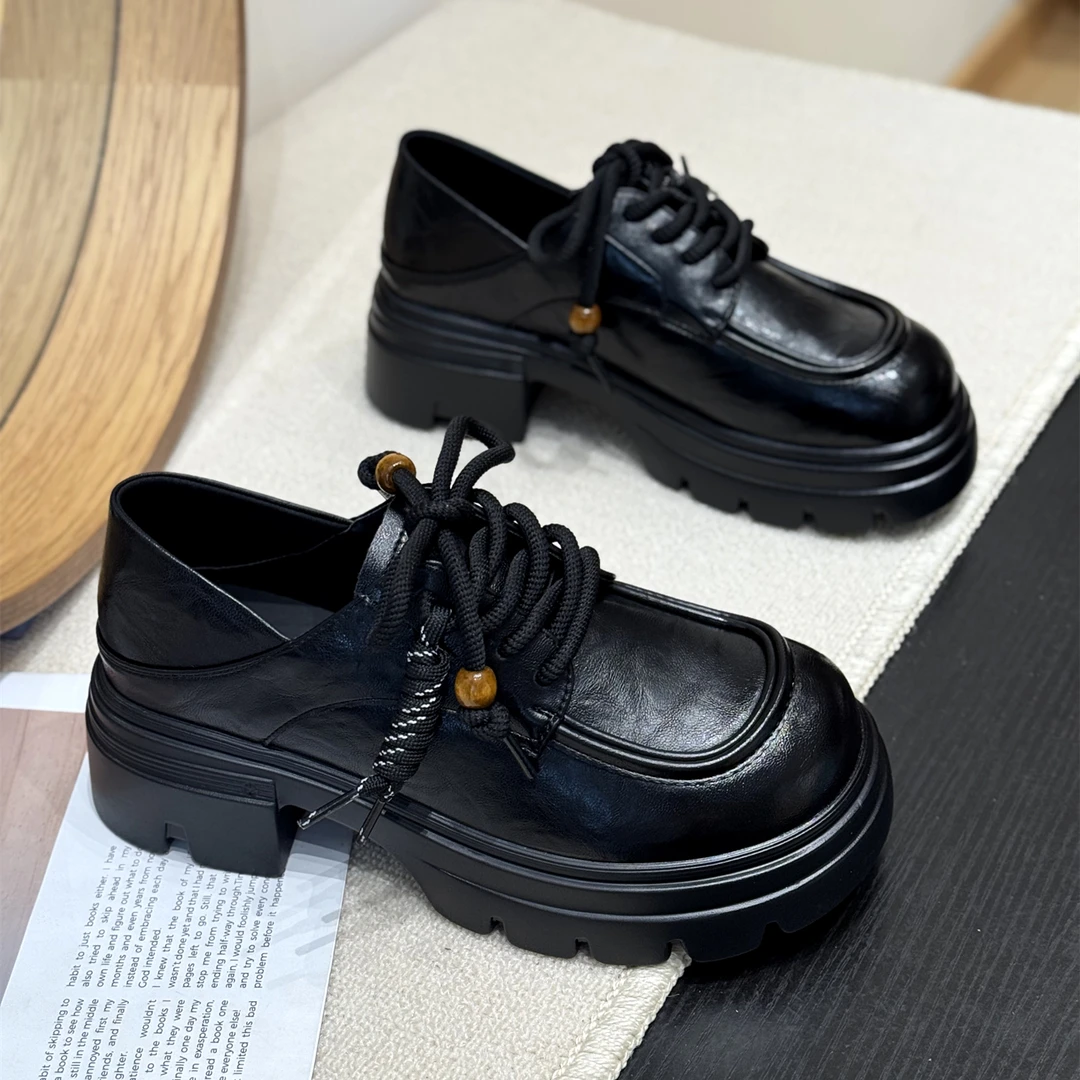 日系松糕复古系带小皮鞋女2025新款秋时髦厚底两穿乐福鞋流苏单鞋